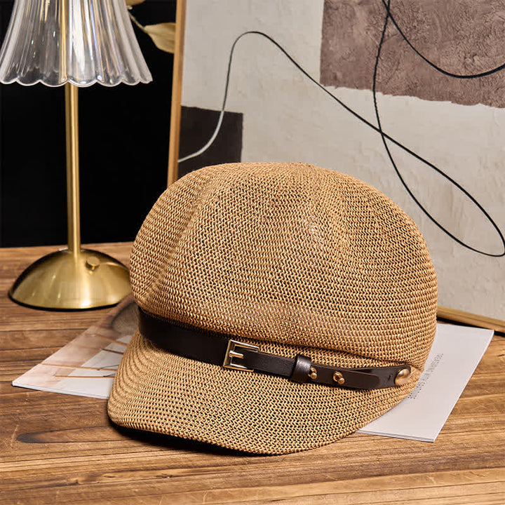 Damen Baskenmütze aus Stroh mit gewebtem Lederbanddekor