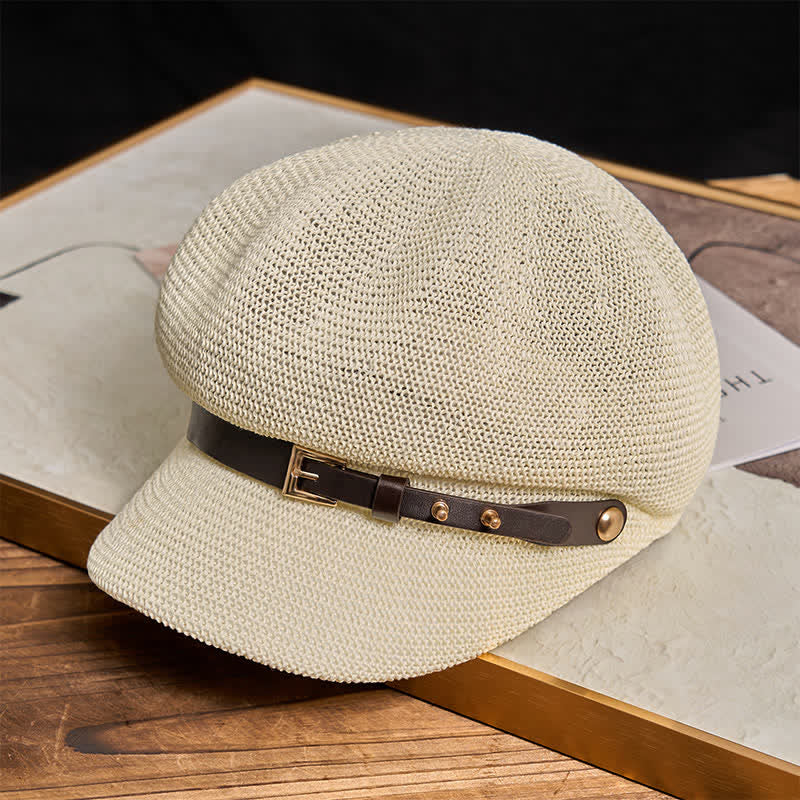 Damen Baskenmütze aus Stroh mit gewebtem Lederbanddekor