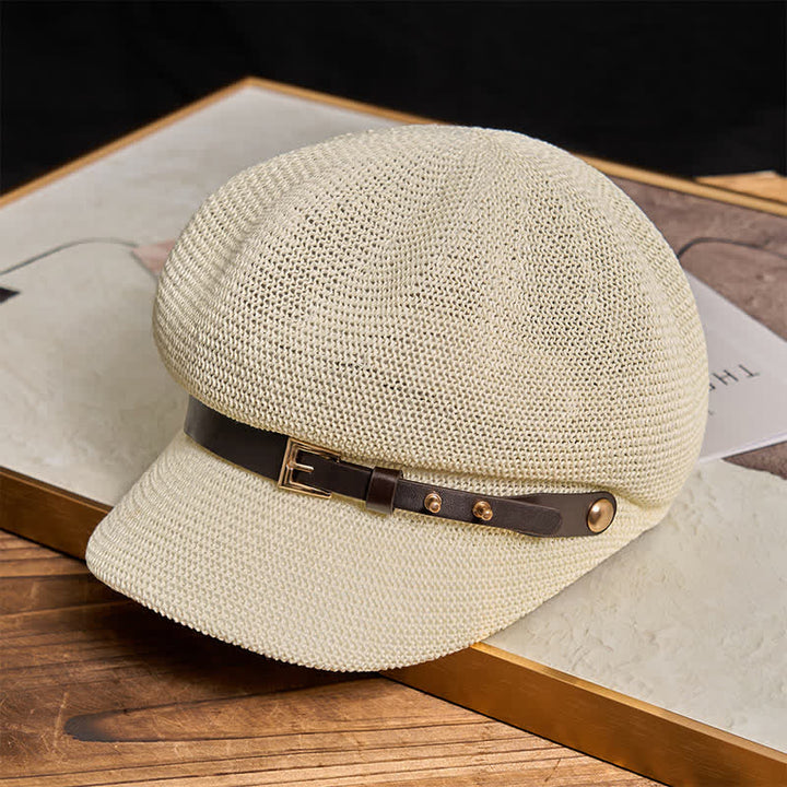 Damen Baskenmütze aus Stroh mit gewebtem Lederbanddekor