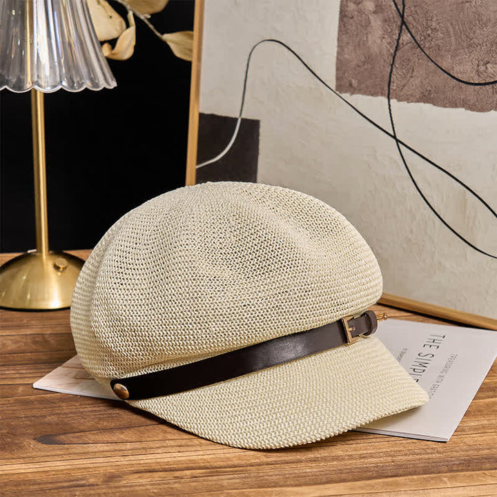 Damen Baskenmütze aus Stroh mit gewebtem Lederbanddekor