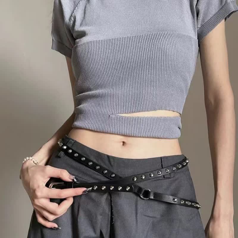 Schwarzer, extra langer, doppellagiger, lässiger Punk-Nieten-Ledergürtel für Damen