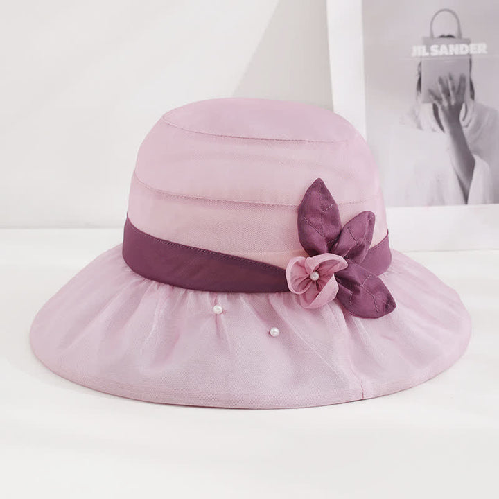 Damen-Sonnenhut aus Seide mit Perlenverzierung und Blumenmuster und breiter Krempe