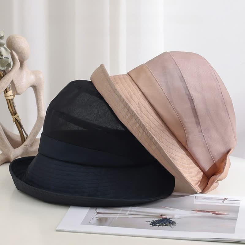 Faltbarer Sonnenhut aus Seide mit großer Schleife und breiter Krempe für Damen