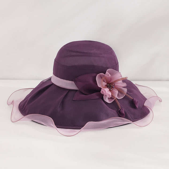 Damen Sonnenhut mit Blumenmuster, breite, gewellte Krempe, für Urlaub und Strand, faltbar, aus Seide