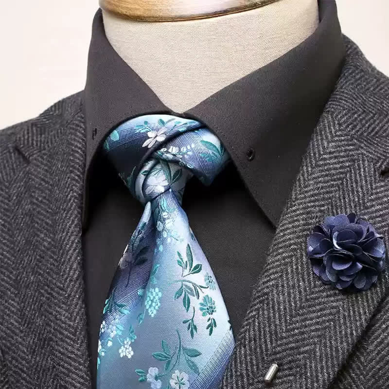 2-teiliges Herren-Krawatten-Corsagen-Set mit Blumenmuster in Hellcyan und Marineblau
