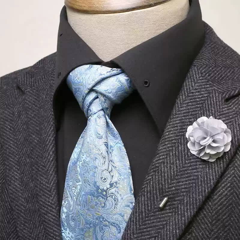 2-teiliges Herren-Krawatten-Corsagen-Set mit hellem, himmelblauem Paisley-Muster