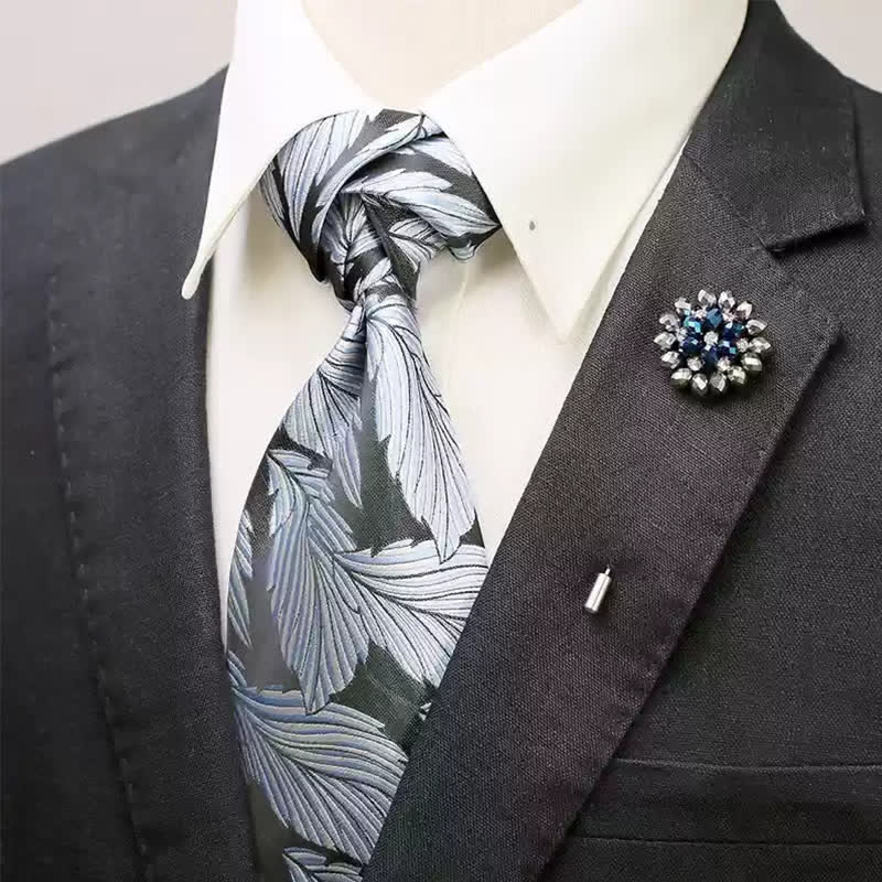 2-teiliges Herren-Krawatten-Corsagen-Set mit hellblauen und schwarzen Federmotiven