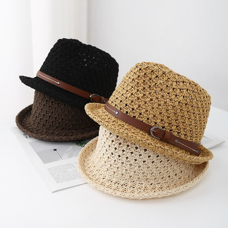 Fedora-Hut aus Stroh mit dekorativem Lederband und ausgehöhltem Rand für Herren