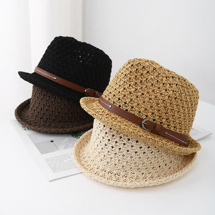 Fedora-Hut aus Stroh mit dekorativem Lederband und ausgehöhltem Rand für Herren