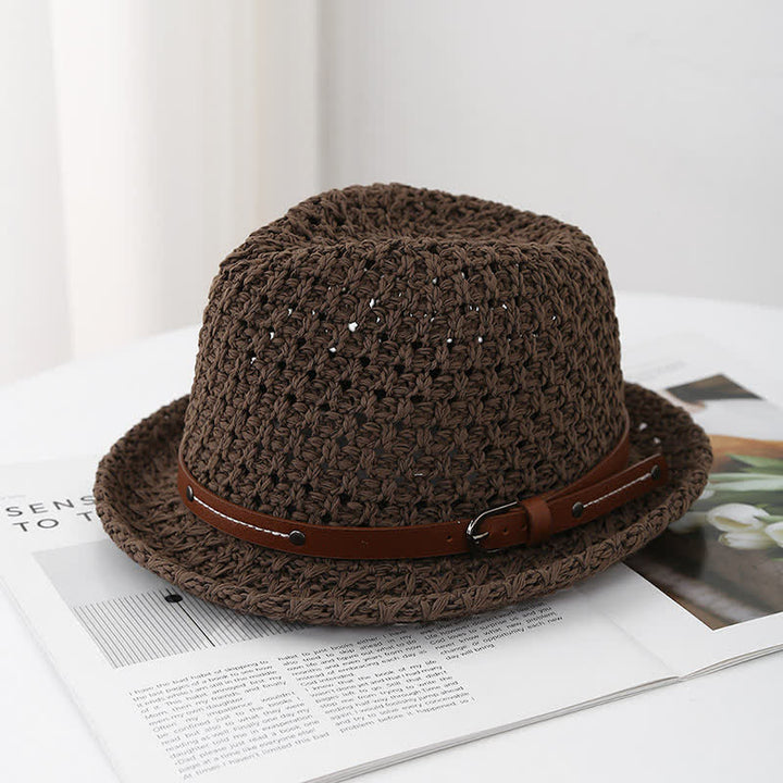 Fedora-Hut aus Stroh mit dekorativem Lederband und ausgehöhltem Rand für Herren