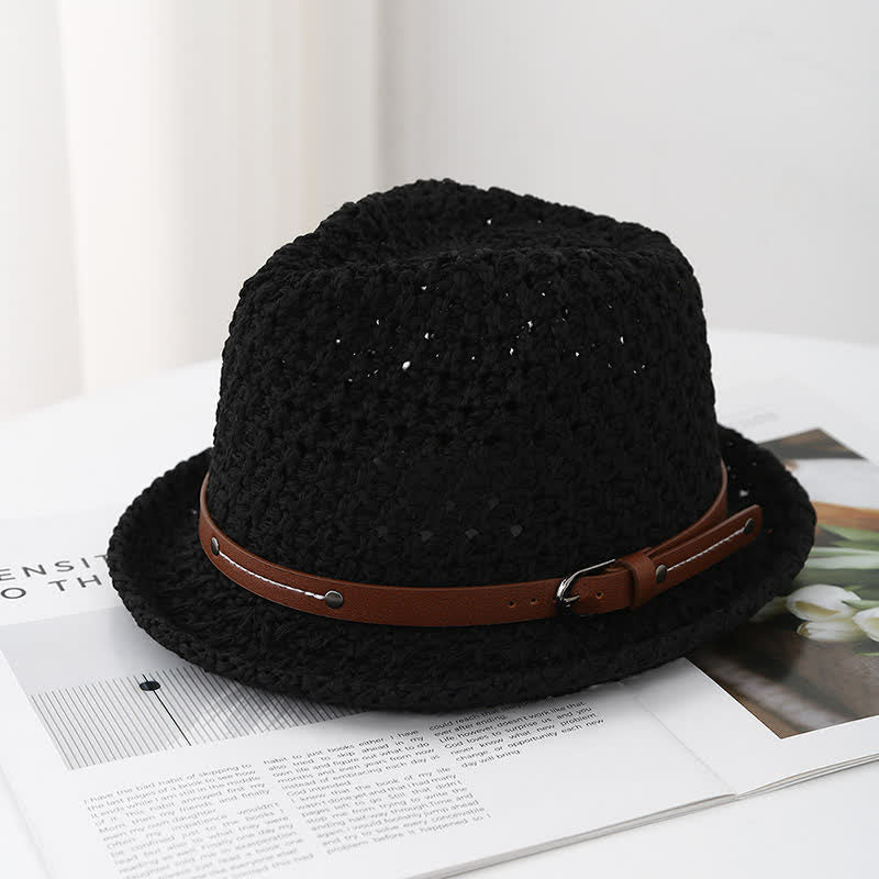 Fedora-Hut aus Stroh mit dekorativem Lederband und ausgehöhltem Rand für Herren