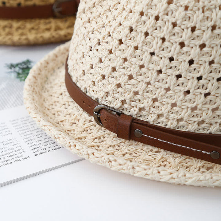 Fedora-Hut aus Stroh mit dekorativem Lederband und ausgehöhltem Rand für Herren
