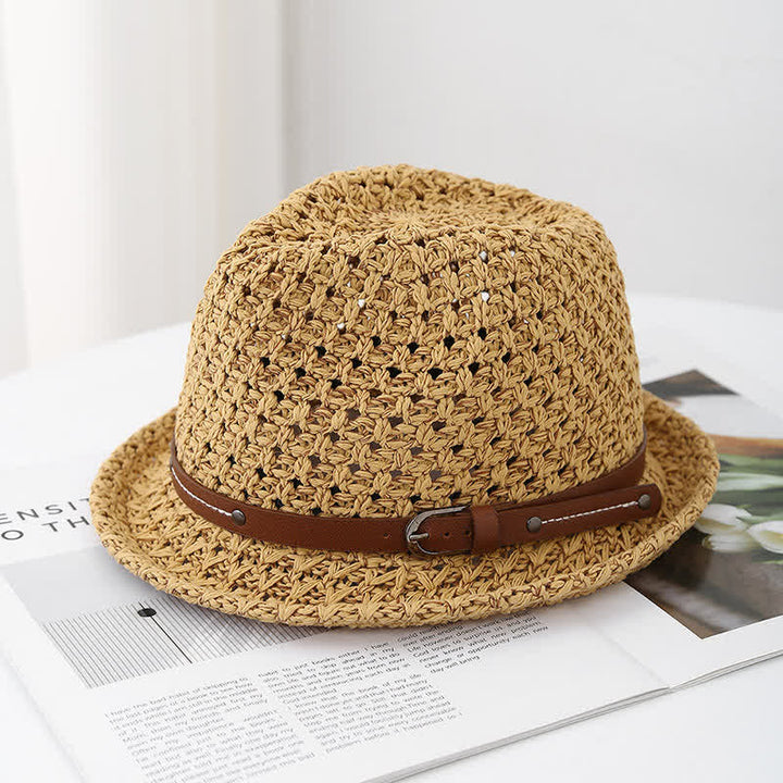 Fedora-Hut aus Stroh mit dekorativem Lederband und ausgehöhltem Rand für Herren