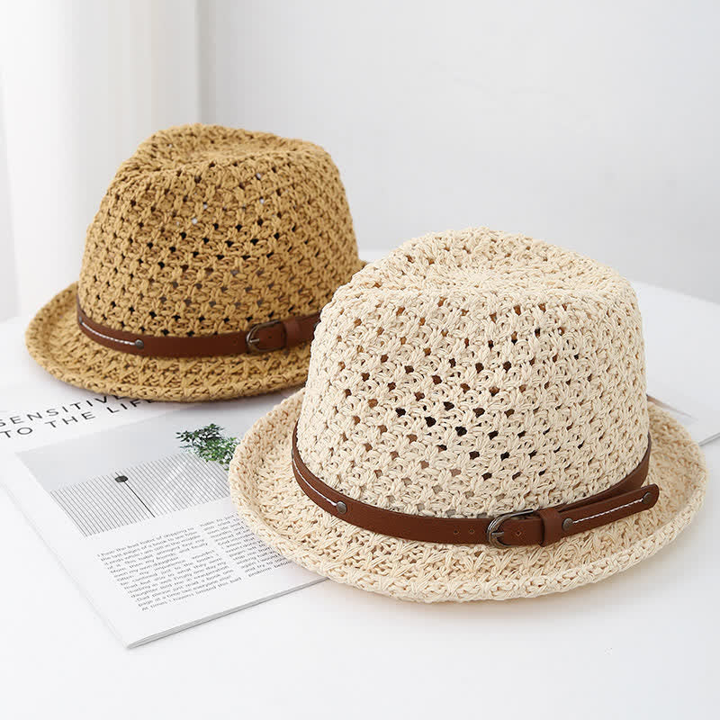 Fedora-Hut aus Stroh mit dekorativem Lederband und ausgehöhltem Rand für Herren