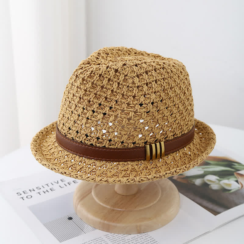 Faltbarer Fedora-Hut aus Stroh mit Lederriemen für Herren, für den Sommer