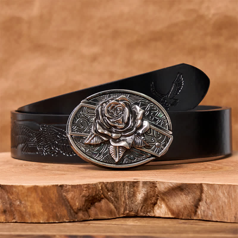 Herren DIY Western Rose Verstecktes Klappmesser Ledergürtel - Westliche Rose - Schwarzer Gürtel mit geprägtem Adler - 42 - image 6