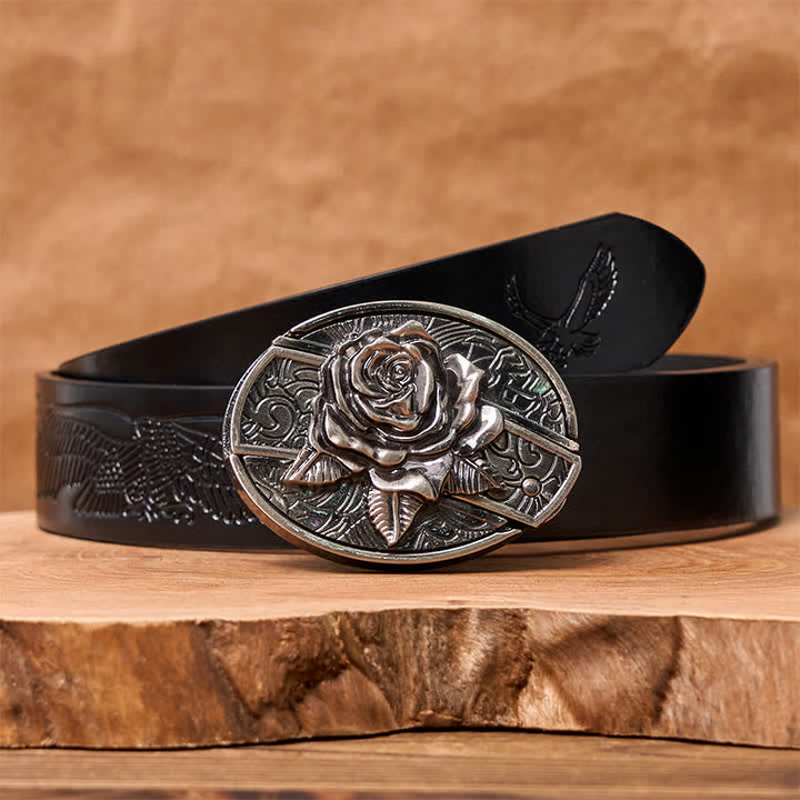Herren DIY Western Rose Verstecktes Klappmesser Ledergürtel - Westliche Rose - Schwarzer Gürtel mit geprägtem Adler - 42 - image 6