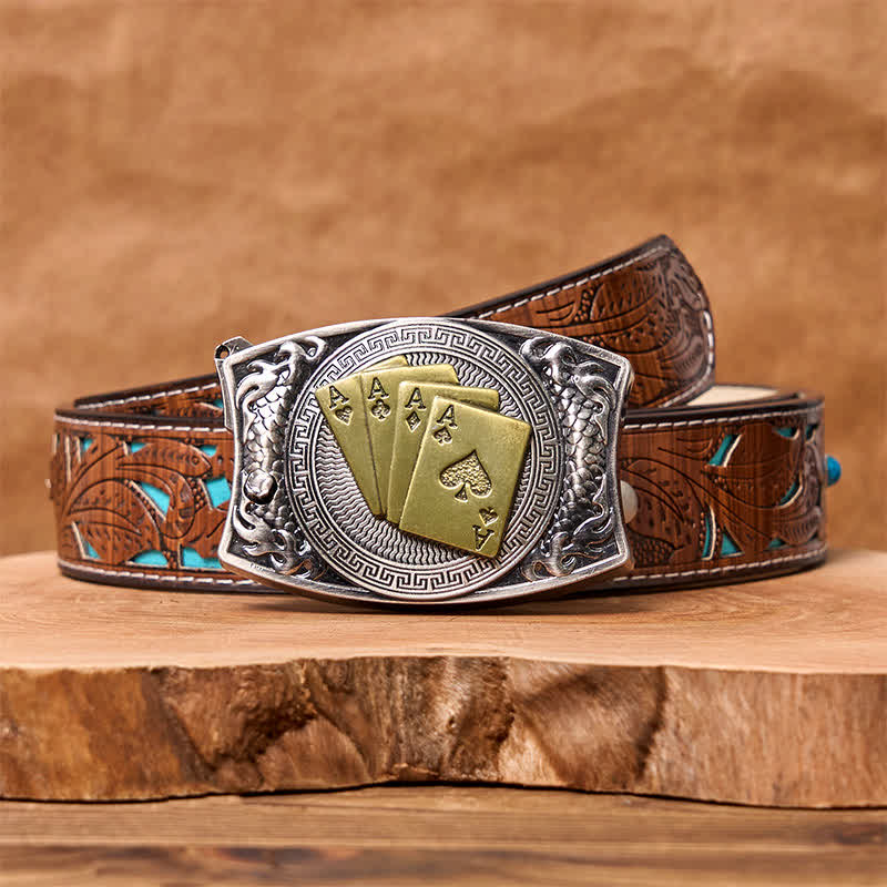Herren DIY Gold Poker Verstecktes Klappmesser Ledergürtel - Gold Poker - Türkisfarbener geschnitzter Gürtel - 42 - image 7