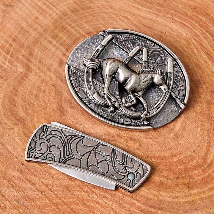 Herren DIY Galoppierendes Pferd Verstecktes Klappmesser Ledergürtel - image 3