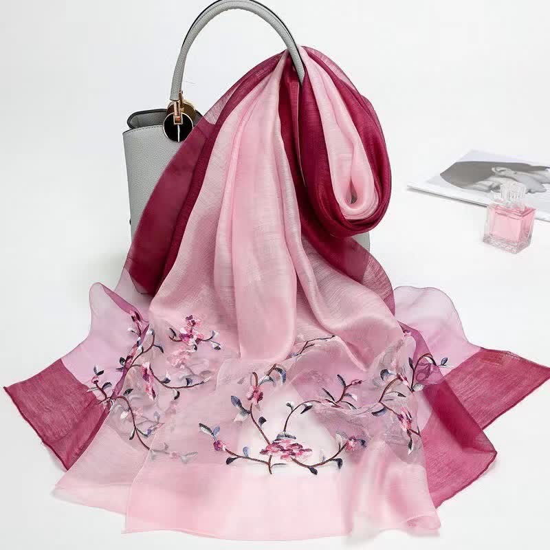 Zweifarbiger handbestickter Woll-Seidenschal mit Pflanzenblumenmuster für Damen