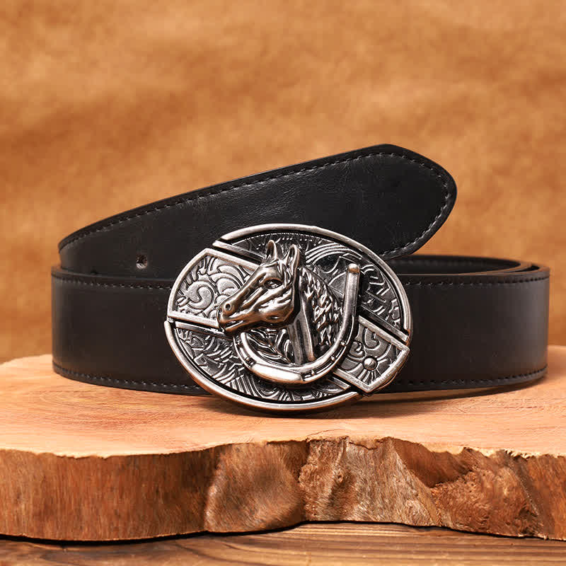 Herren DIY Pferdekopf verstecktes Klappmesser Ledergürtel - Pferdekopf - Schwarzer PU-Gürtel - 42 - image 6