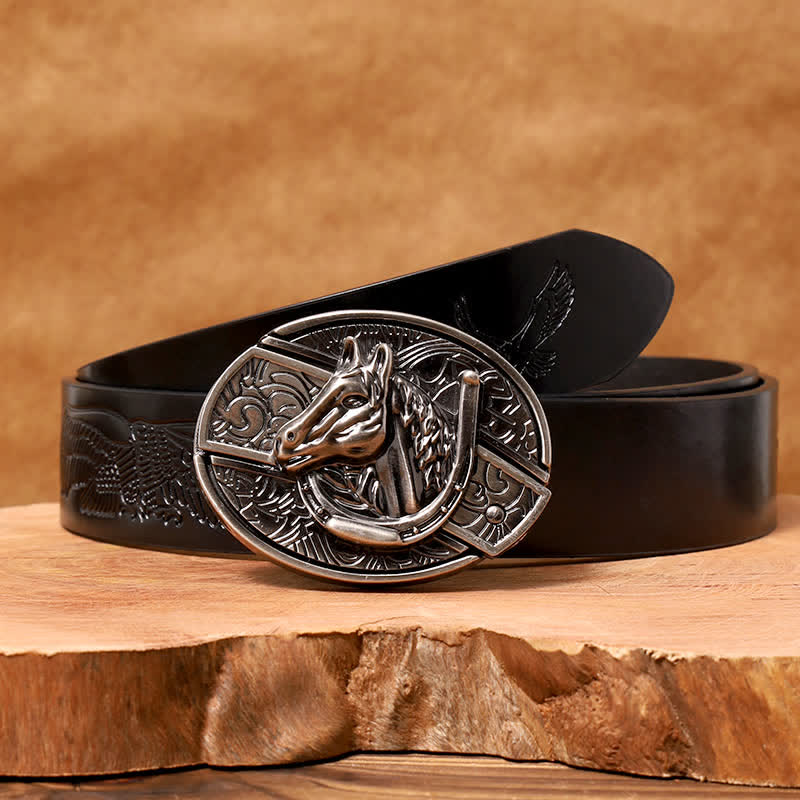Herren DIY Pferdekopf verstecktes Klappmesser Ledergürtel - Pferdekopf - Schwarzer Gürtel mit geprägtem Adler - 42 - image 8