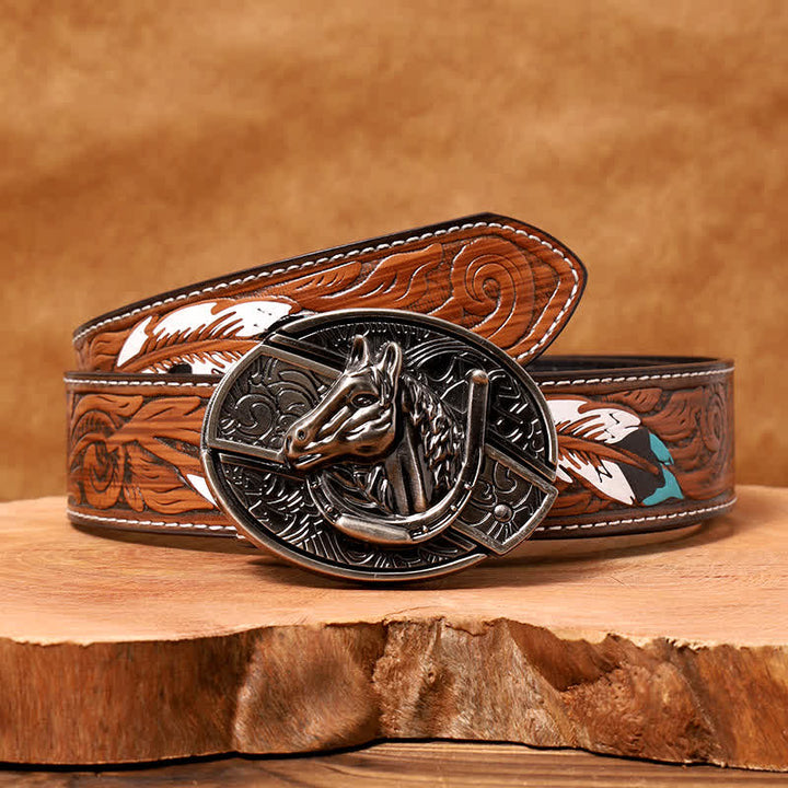 Herren DIY Pferdekopf verstecktes Klappmesser Ledergürtel - Pferdekopf - Brauner Federgürtel - 40 - image 11