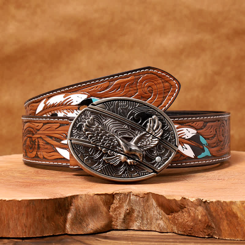 Herren DIY Soaring Eagle Verstecktes Klappmesser Ledergürtel - Aufsteigender Adler - Brauner Federgürtel - 40 - image 11