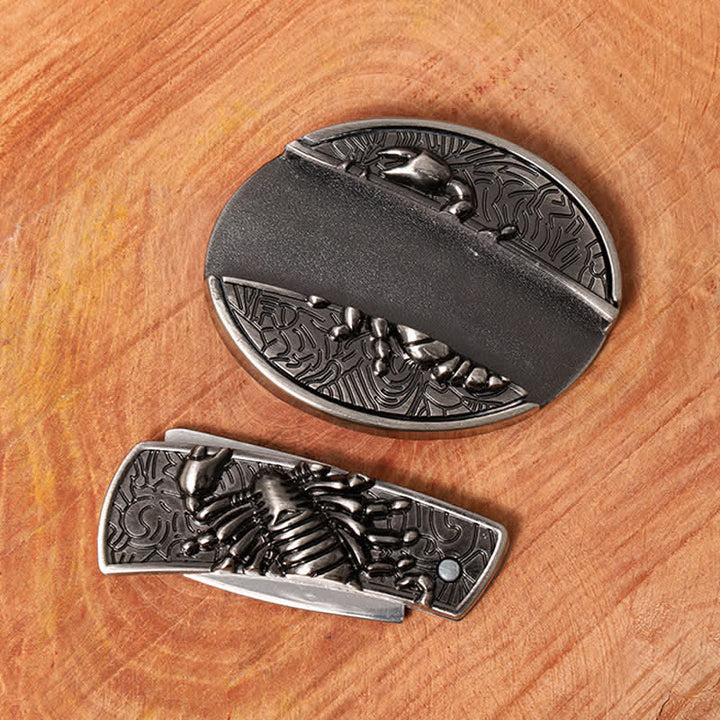 DIY Skorpion verstecktes Klappmesser für Herren, Ledergürtel
