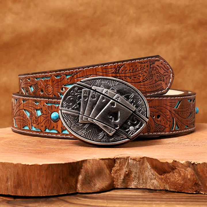 Herren DIY Poker 4 Ace Verstecktes Klappmesser Ledergürtel - Poker 4 Ass - Türkisfarbener geschnitzter Gürtel - 42 - image 5