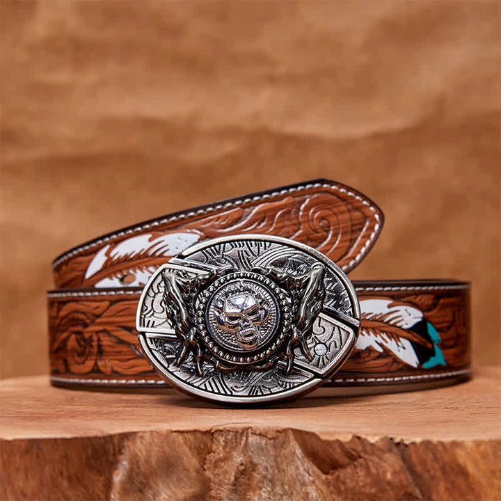 DIY-Ledergürtel für Herren mit drehbarem Totenkopf und verstecktem Klappmesser