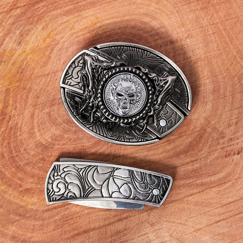 DIY-Ledergürtel für Herren mit drehbarem Totenkopf und verstecktem Klappmesser