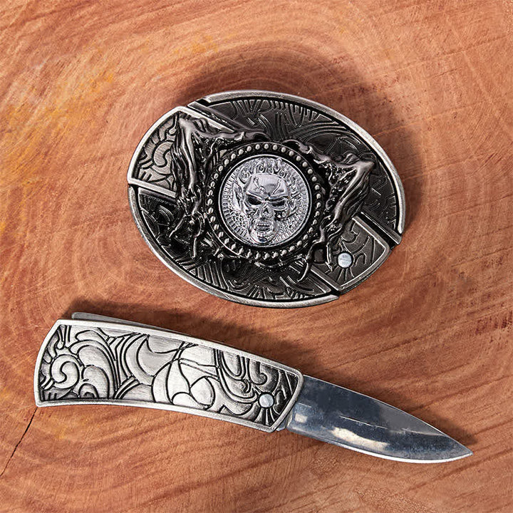 DIY-Ledergürtel für Herren mit drehbarem Totenkopf und verstecktem Klappmesser