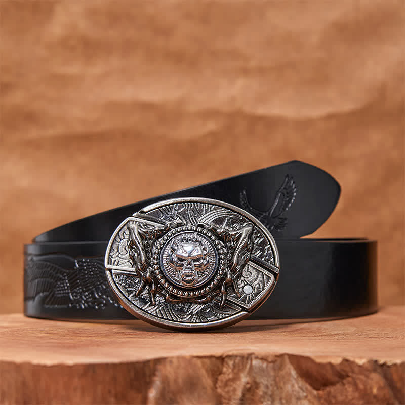DIY-Ledergürtel für Herren mit drehbarem Totenkopf und verstecktem Klappmesser