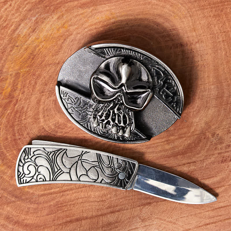 Herren DIY Totenkopf-Ledergürtel mit verstecktem Klappmesser