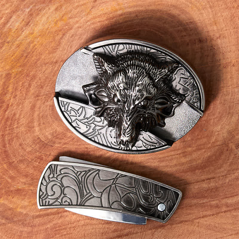 Herren DIY Wolfskopf verstecktes Klappmesser Ledergürtel
