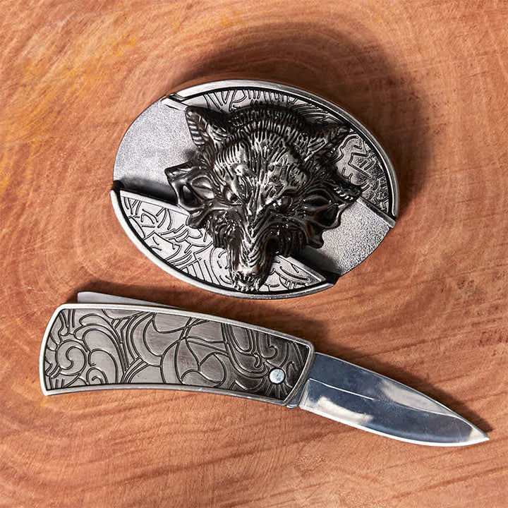Herren DIY Wolfskopf verstecktes Klappmesser Ledergürtel