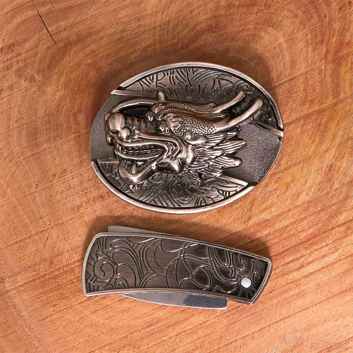 Herren DIY Drachenkopf verstecktes Klappmesser Ledergürtel