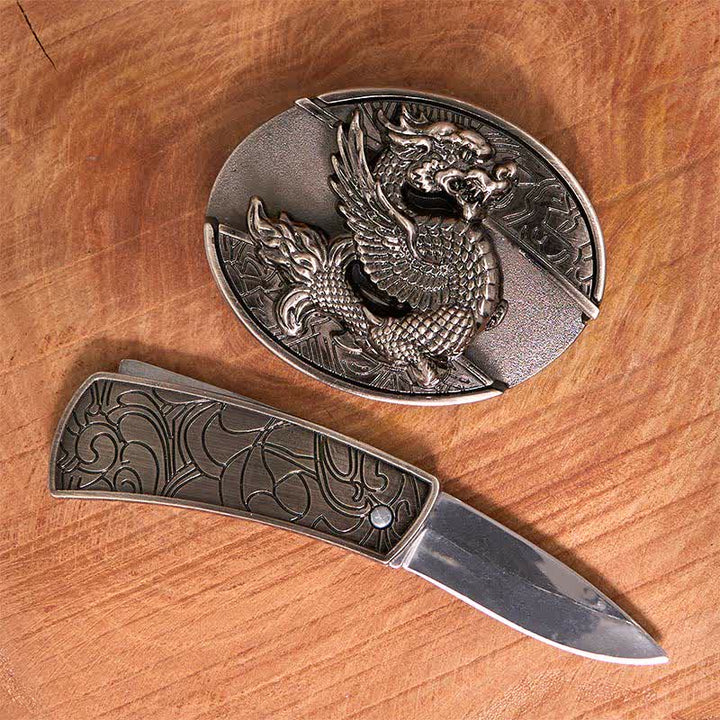 Herren DIY Flying Dragon Verstecktes Klappmesser Ledergürtel