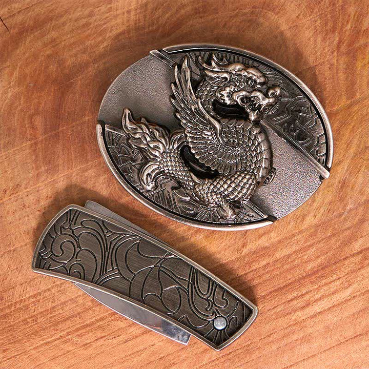 Herren DIY Flying Dragon Verstecktes Klappmesser Ledergürtel
