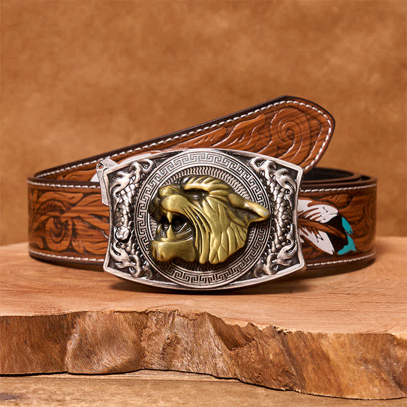 Herren DIY Tiger verstecktes Klappmesser Ledergürtel