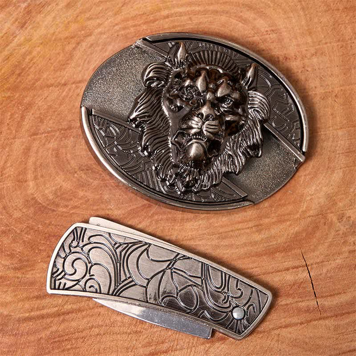 Herren DIY Lion Insignia Verstecktes Klappmesser Ledergürtel