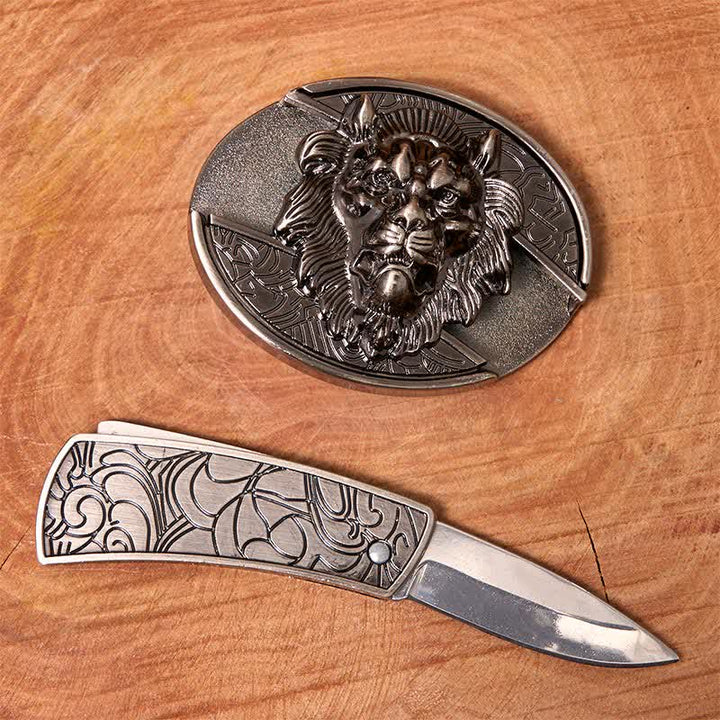 Herren DIY Lion Insignia Verstecktes Klappmesser Ledergürtel