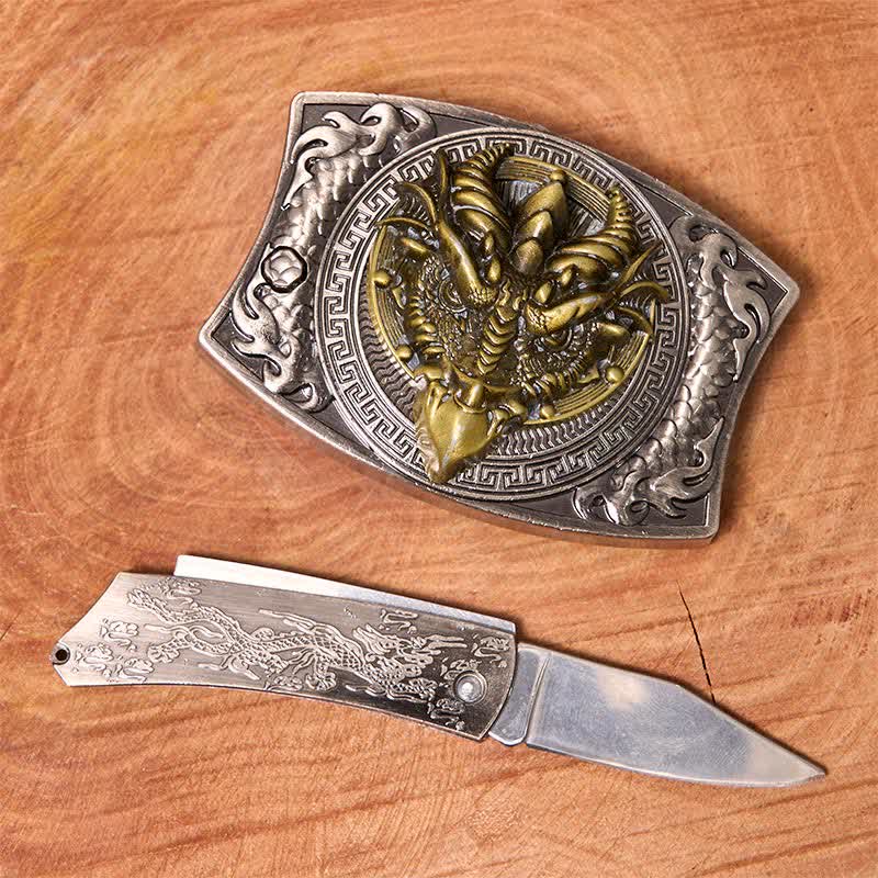 DIY-Ledergürtel mit verstecktem Klappmesser mit scharfem Schnabeldrachen für Herren
