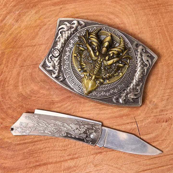DIY-Ledergürtel mit verstecktem Klappmesser mit scharfem Schnabeldrachen für Herren