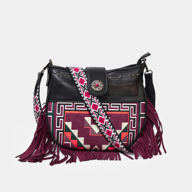 Umhängetasche mit Fransen und einheimischen Aztekenmotiven für Damen