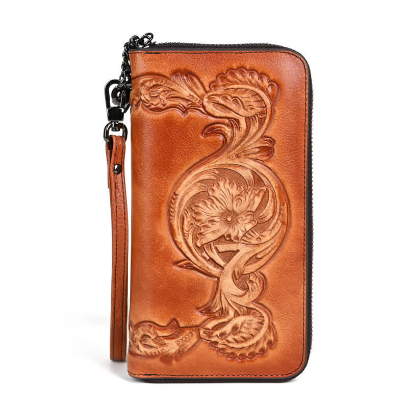 Elegante, lange Damen-Geldbörse aus Leder mit Blumenmuster und Handschlaufe