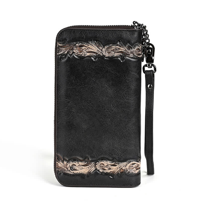 Elegante, lange Damen-Geldbörse aus Leder mit Blumenmuster und Handschlaufe
