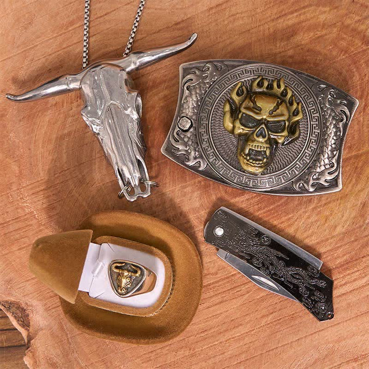 Totenkopf DIY Verstecktes Messer Gürtelschnalle Longhorn Anhänger Bull Ring Bundle Set