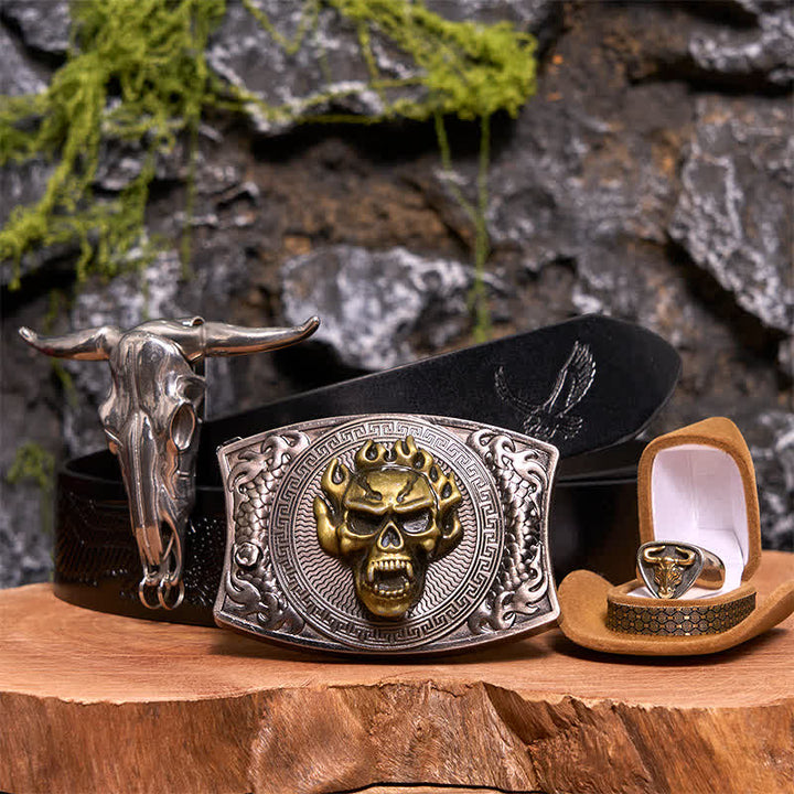 Totenkopf DIY Verstecktes Messer Gürtelschnalle Longhorn Anhänger Bull Ring Bundle Set